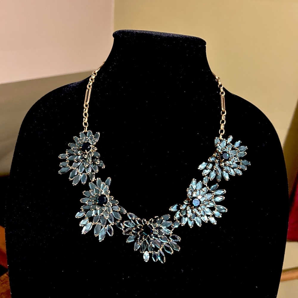 J Crew Blue and Gold Rhinestone Floral Chunky Statement Necklace